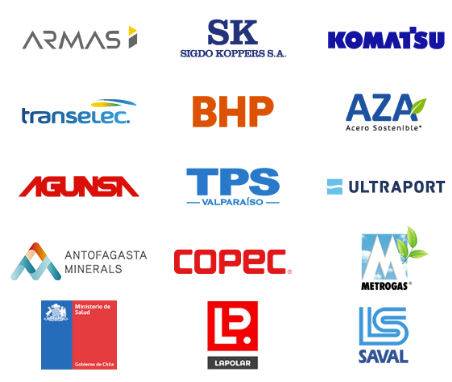 Clientes de MAS Consultores en industria pesada y minería: Armas, Sigdo Koppers, Komatsu, Transelec, BHP, AZA Acero Sostenible, Agunsa, TPS Valparaíso, Ultraport, Antofagasta Minerals, Copec, Metrogas, Ministerio de Salud Chile, La Polar y Saval.